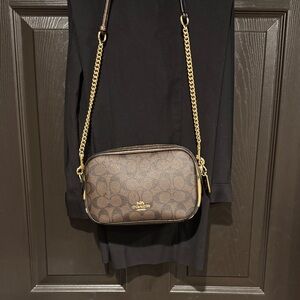 Coach Signature Brown Crossbody Bag with Gold Chain